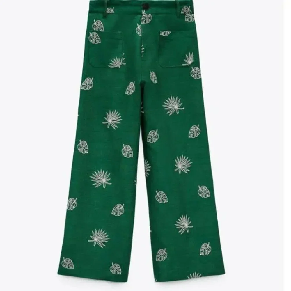 Zara Linen Khaki Wide Leg Palm Leaf Embroidered Culottes Pants Green Size Small